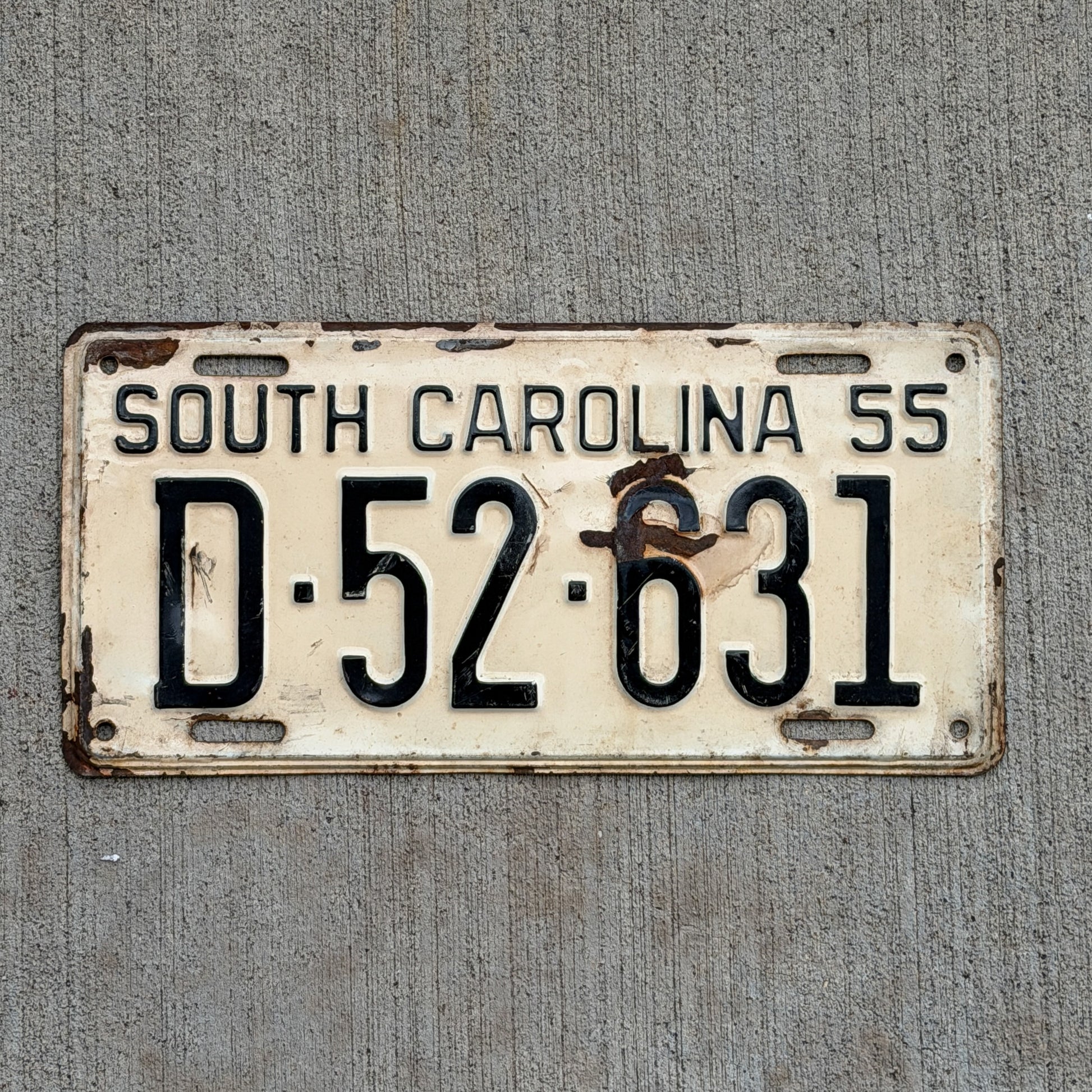 Photo of a 1955 South Carolina License Plate Auto Tag Garage Decor Vintage D 52 631 with original patina
