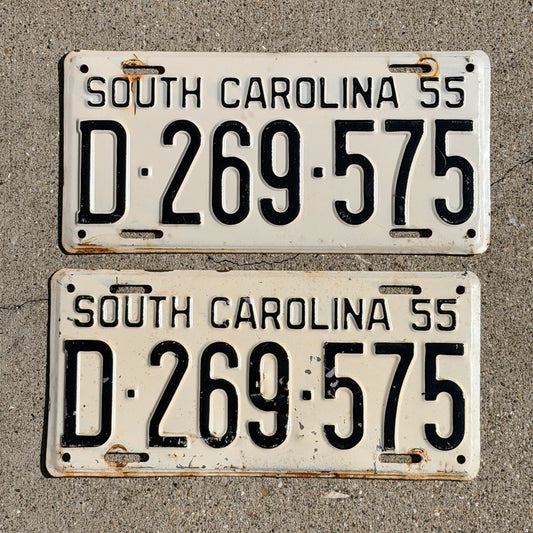 Photo of a 1955 South Carolina License Plate Pair Auto Tag Garage Decor Vintage D 269 575 with original patina