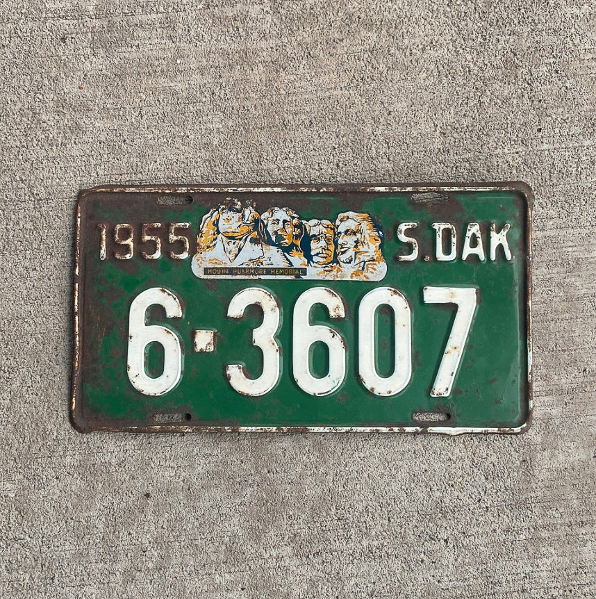 Photo of a 1955 South Dakota License Plate Auto Tag Garage Decor Vintage Mount Rushmore 6 3607 with original patina