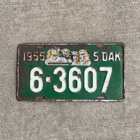 Photo of a 1955 South Dakota License Plate Auto Tag Garage Decor Vintage Mount Rushmore 6 3607 with original patina