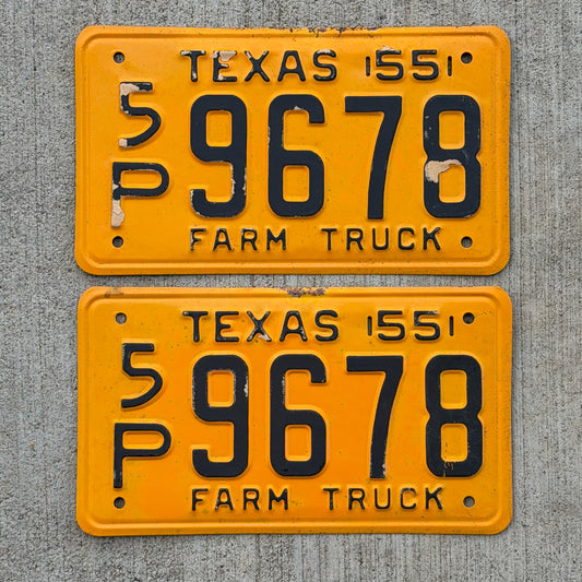 Photo of a 1955 Texas Farm Truck License Plate Pair Auto Tag Garage Decor Vintage 5P 9678 with original patina