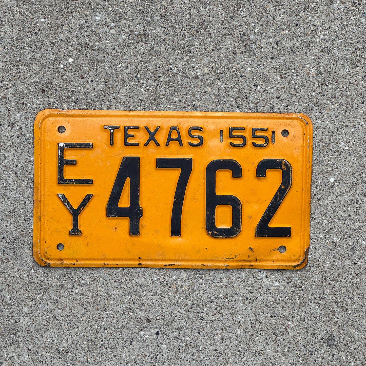 Photo of a 1955 Texas License Plate Auto Tag Garage Decor Vintage EY 4762 with original patina
