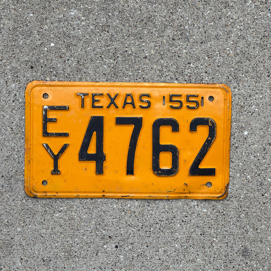 Photo of a 1955 Texas License Plate Auto Tag Garage Decor Vintage EY 4762 with original patina