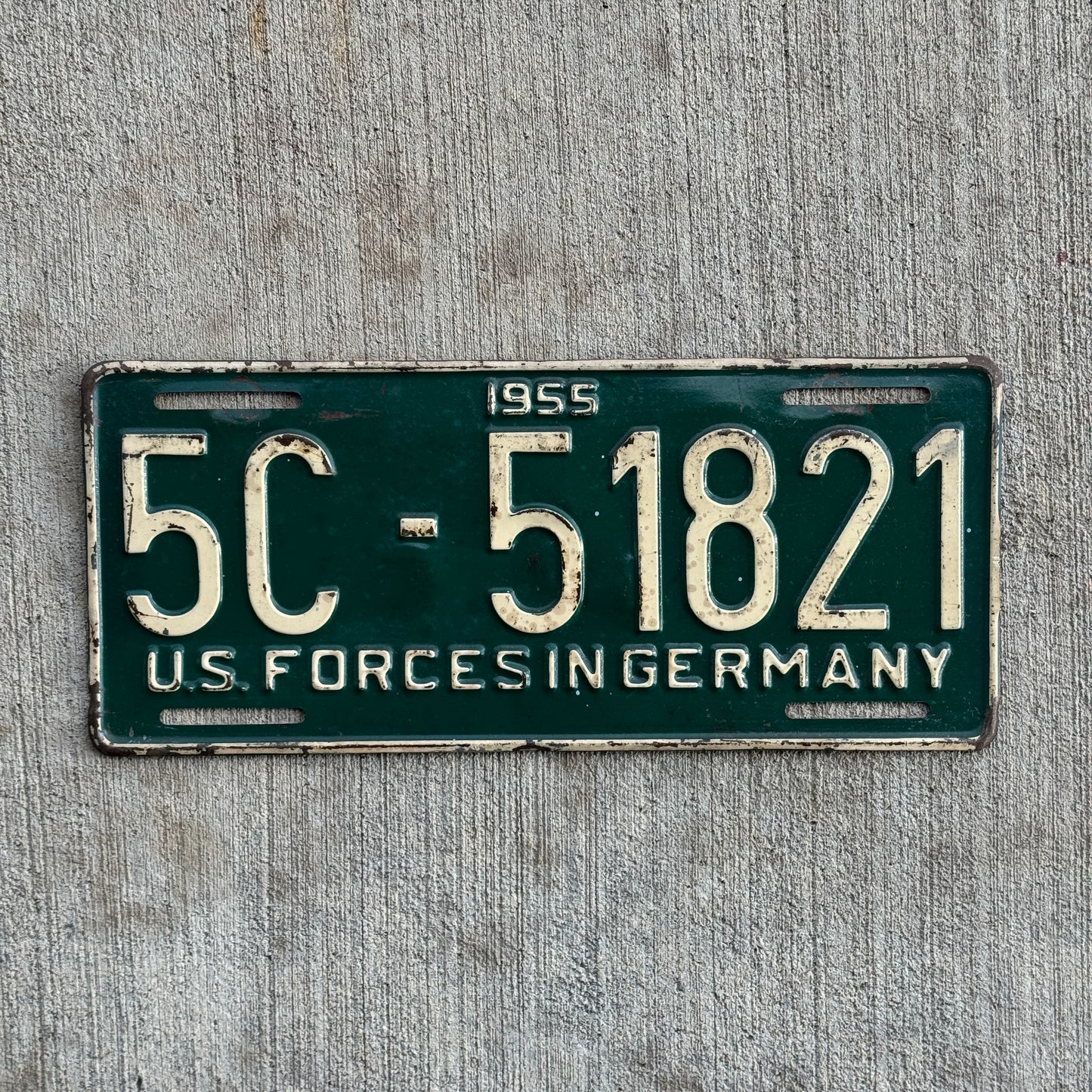 Photo of a 1955 US Forces Germany License Plate Auto Tag Garage Decor Vintage 5C 51821 with original patina