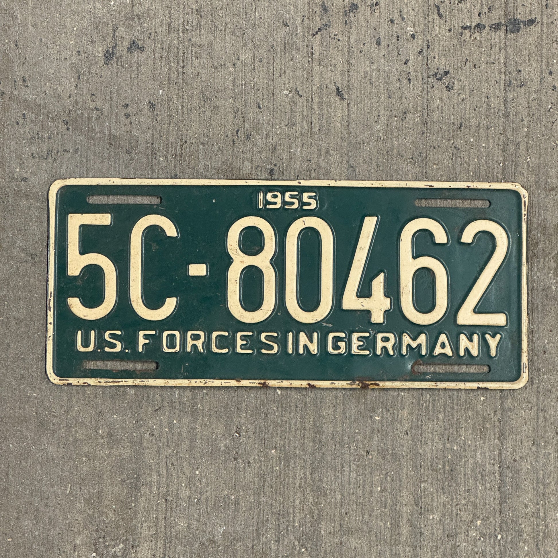 Photo of a 1955 US Forces Germany License Plate Auto Tag Garage Decor Vintage 5C 80462 with original patina