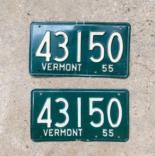 Photo of a 1955 Vermont License Plate Pair Auto Tag Garage Decor Vintage 43150 with original patina