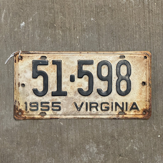Photo of a 1955 Virginia License Plate Auto Tag Garage Decor Vintage 51 598 with original patina