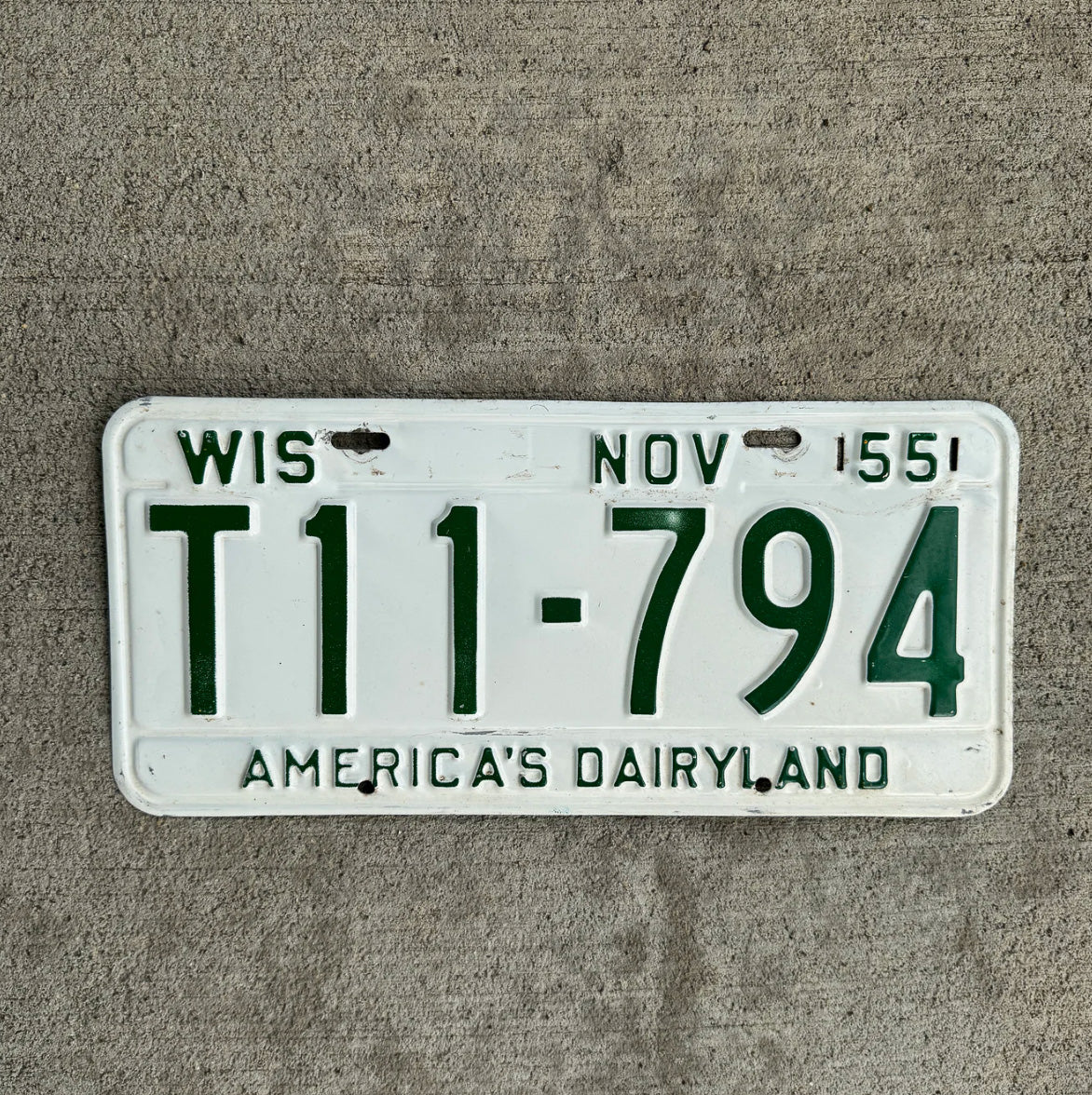 Photo of a 1955 Wisconsin License Plate Auto Tag Garage Decor Vintage T 11 794 with original patina