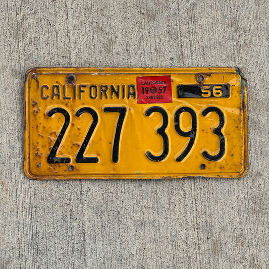 Photo of a 1956 1957 California Trailer License Plate Auto Tag Garage Decor Vintage Beginning of Serial 200 000 Start 227 393 with original patina