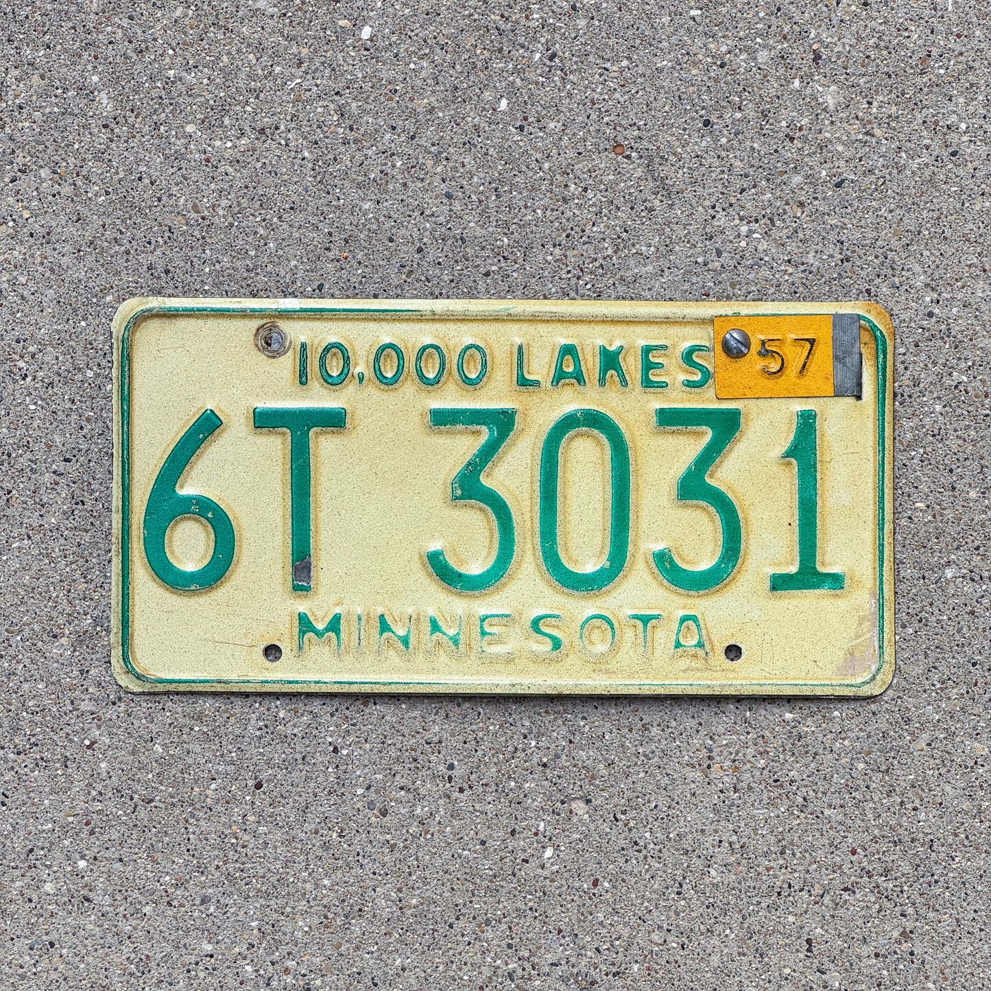 Photo of a 1956 1957 Minnesota License Plate Auto Tag Garage Decor Vintage 6T 3031 with original patina