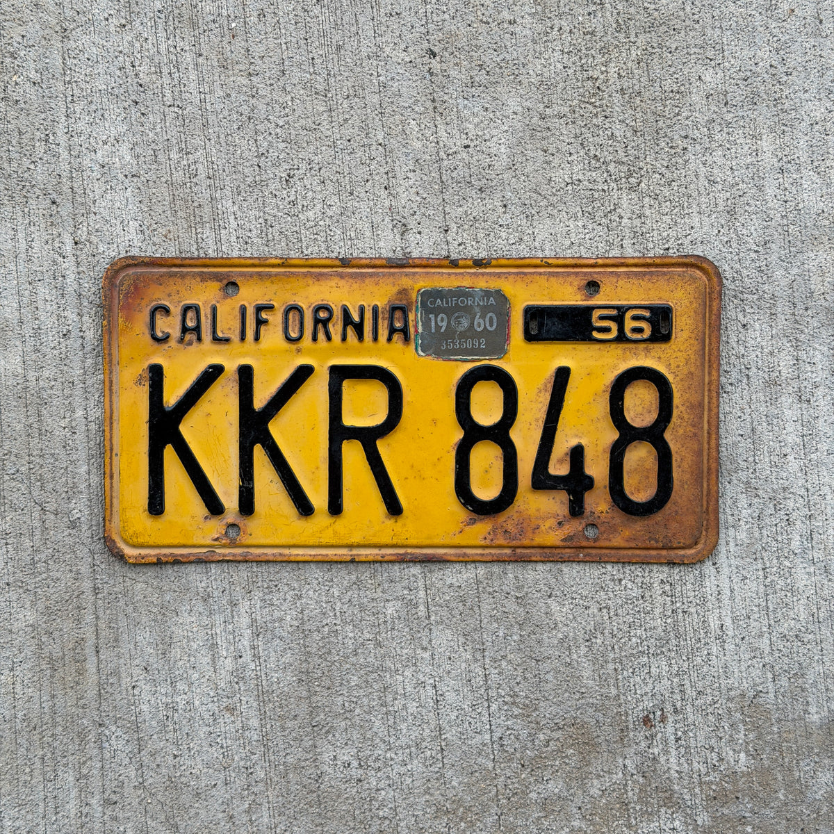 Photo of a 1956 1960 California License Plate Auto Tag Garage Decor Vintage KKR 848 with original patina