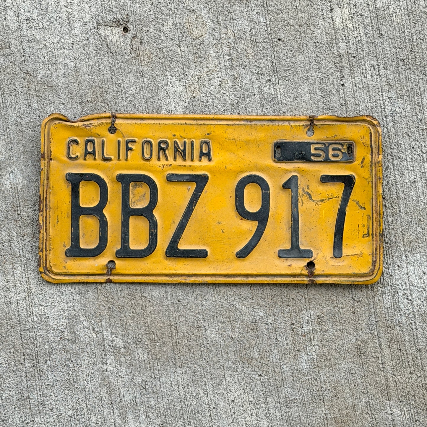 Photo of a 1956 California License Plate Auto Tag Garage Decor Vintage BBZ 917 with original patina