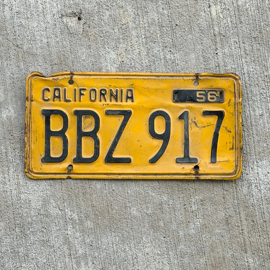 Photo of a 1956 California License Plate Auto Tag Garage Decor Vintage BBZ 917 with original patina