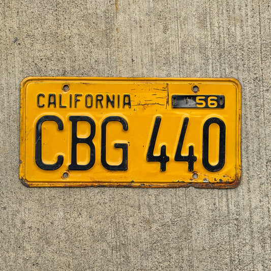 Photo of a 1956 California License Plate Auto Tag Garage Decor Vintage CBG 440 with original patina