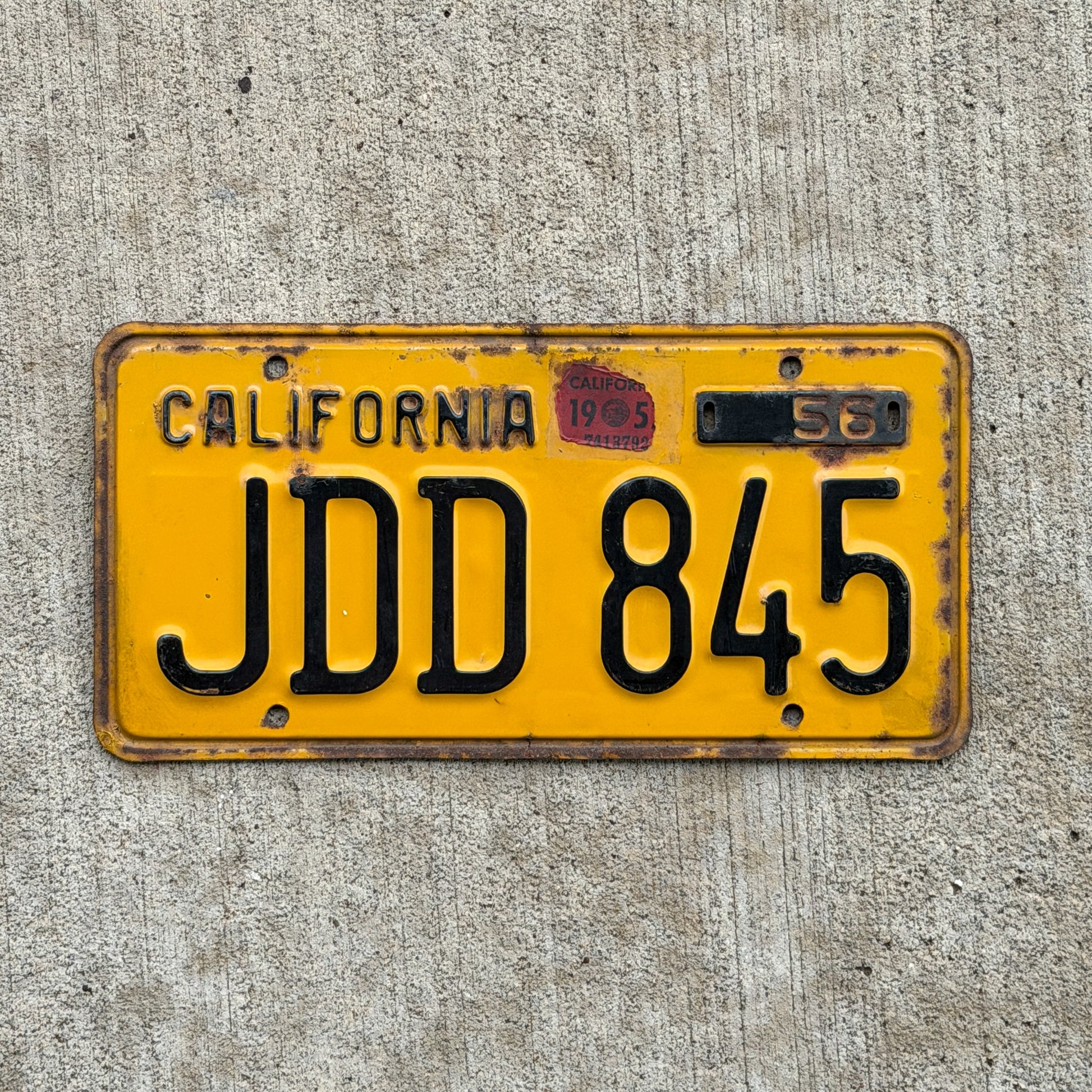 Photo of a 1956 California License Plate Auto Tag Garage Decor Vintage JDD 845 with original patina