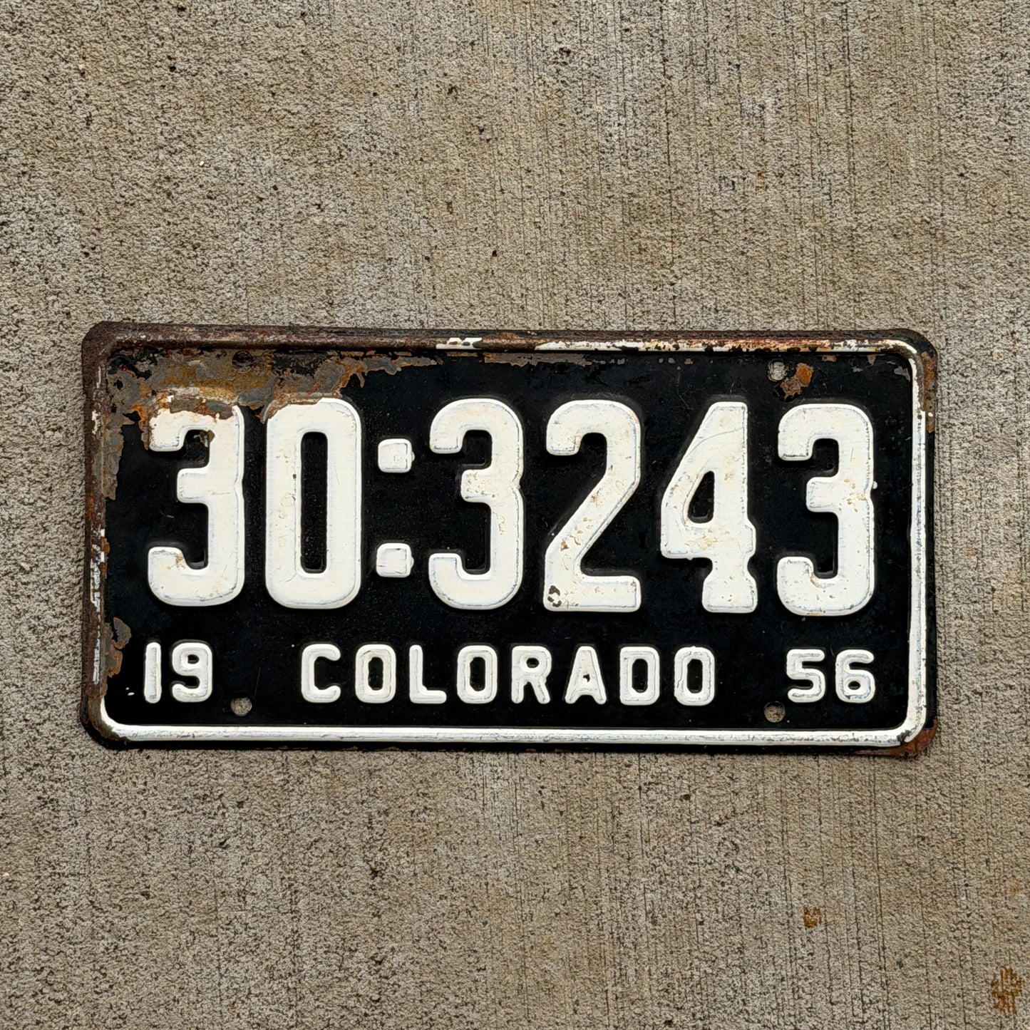 Photo of a 1956 Colorado License Plate Auto Tag Garage Decor Vintage 30 3243 with original patina