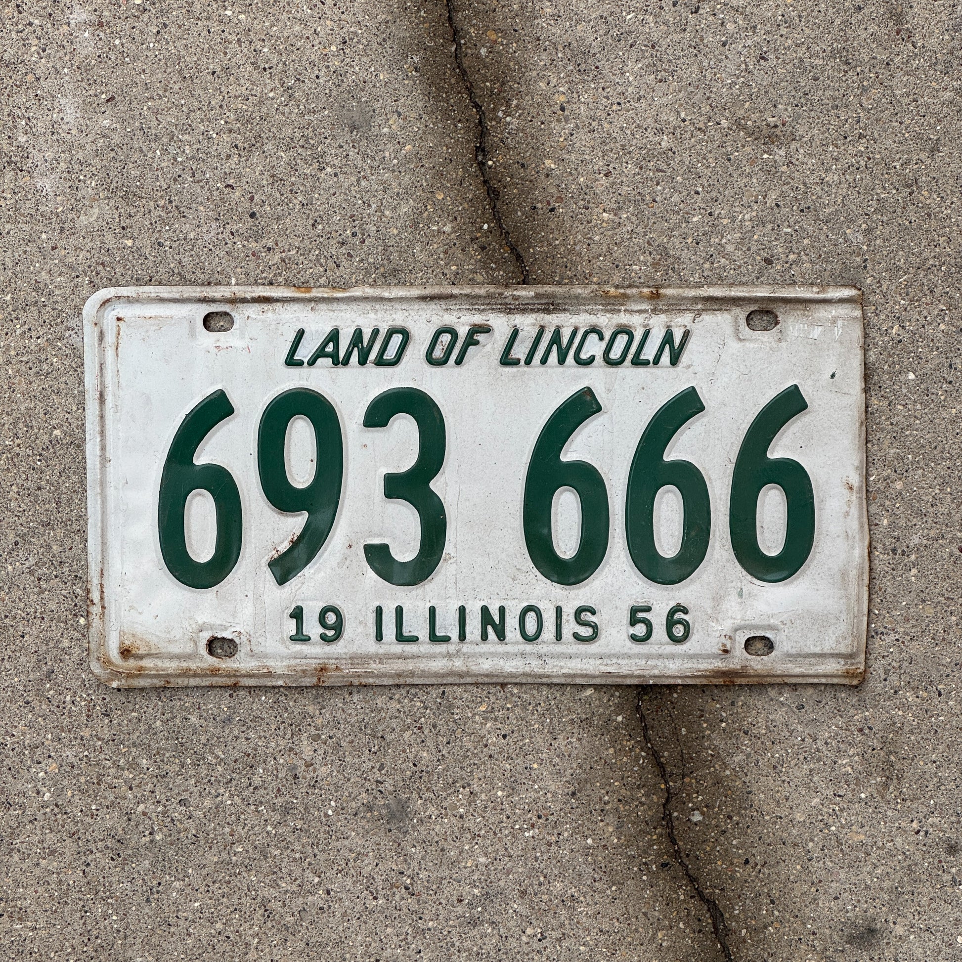 Photo of a 1956 Illinois License Plate Auto Tag Garage Decor Vintage Devil Evil 666 Repeat Repeating 693 666 with original patina