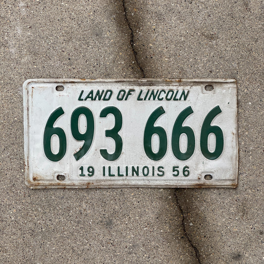 Photo of a 1956 Illinois License Plate Auto Tag Garage Decor Vintage Devil Evil 666 Repeat Repeating 693 666 with original patina