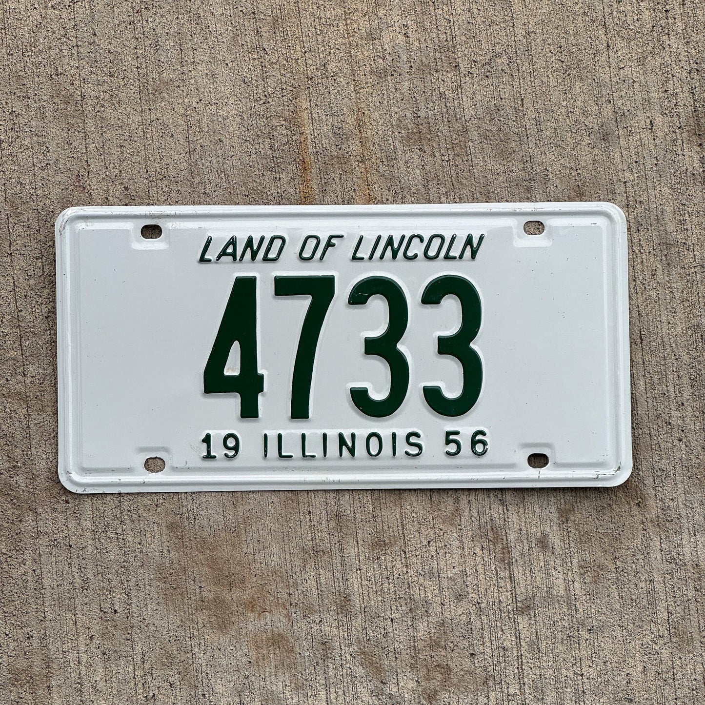 Photo of a 1956 Illinois License Plate Auto Tag Garage Decor Vintage Low Number Four Digit 4733 with original patina