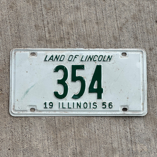 Photo of a 1956 Illinois License Plate Auto Tag Garage Decor Vintage Low Number Three Digit 354 with original patina