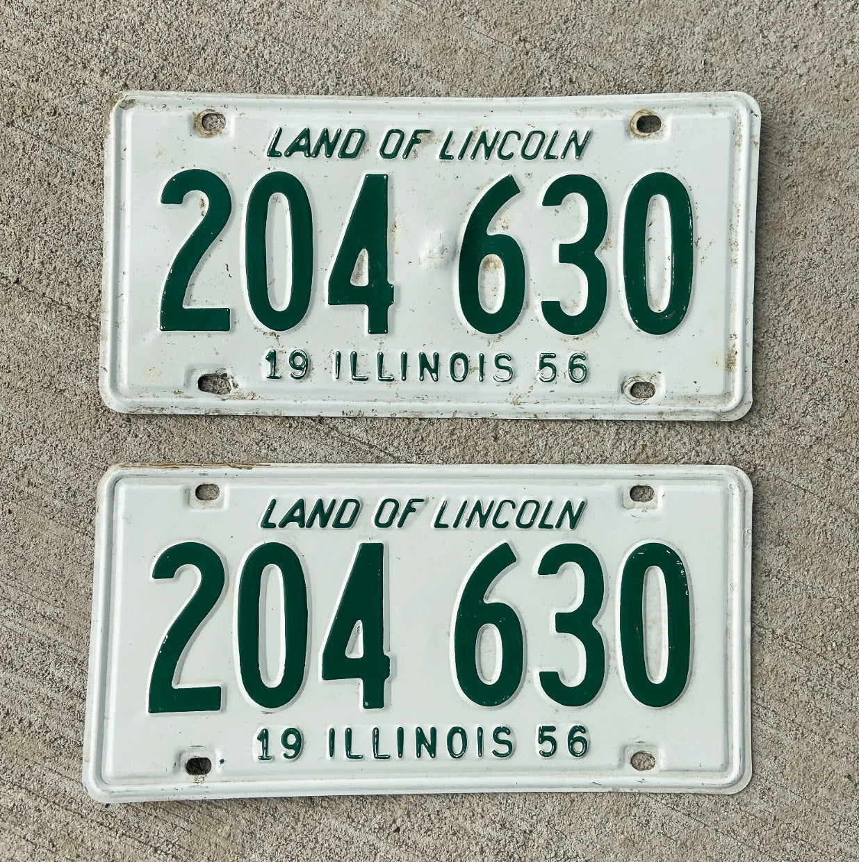 Photo of a 1956 Illinois License Plate Pair Auto Tag Garage Decor Vintage 204630 with original patina