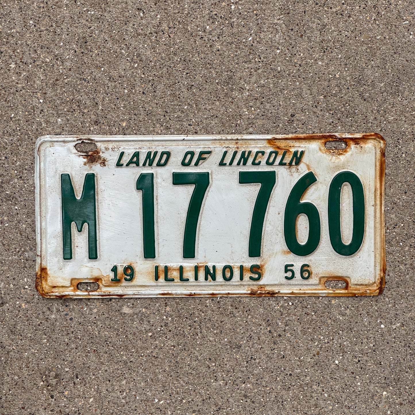 Photo of a 1956 Illinois Municipal License Plate Auto Tag 1 Vintage Garage M 17 760 with original patina