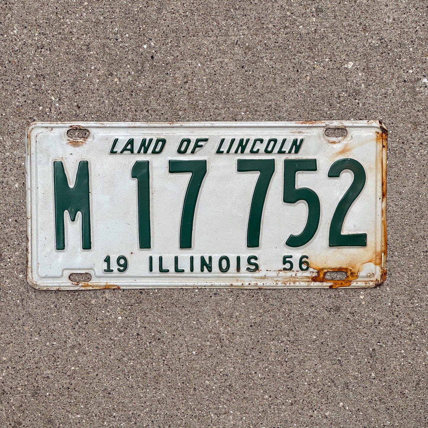 Photo of a 1956 Illinois Municipal License Plate Auto Tag 2 Vintage Garage M 17 752 with original patina
