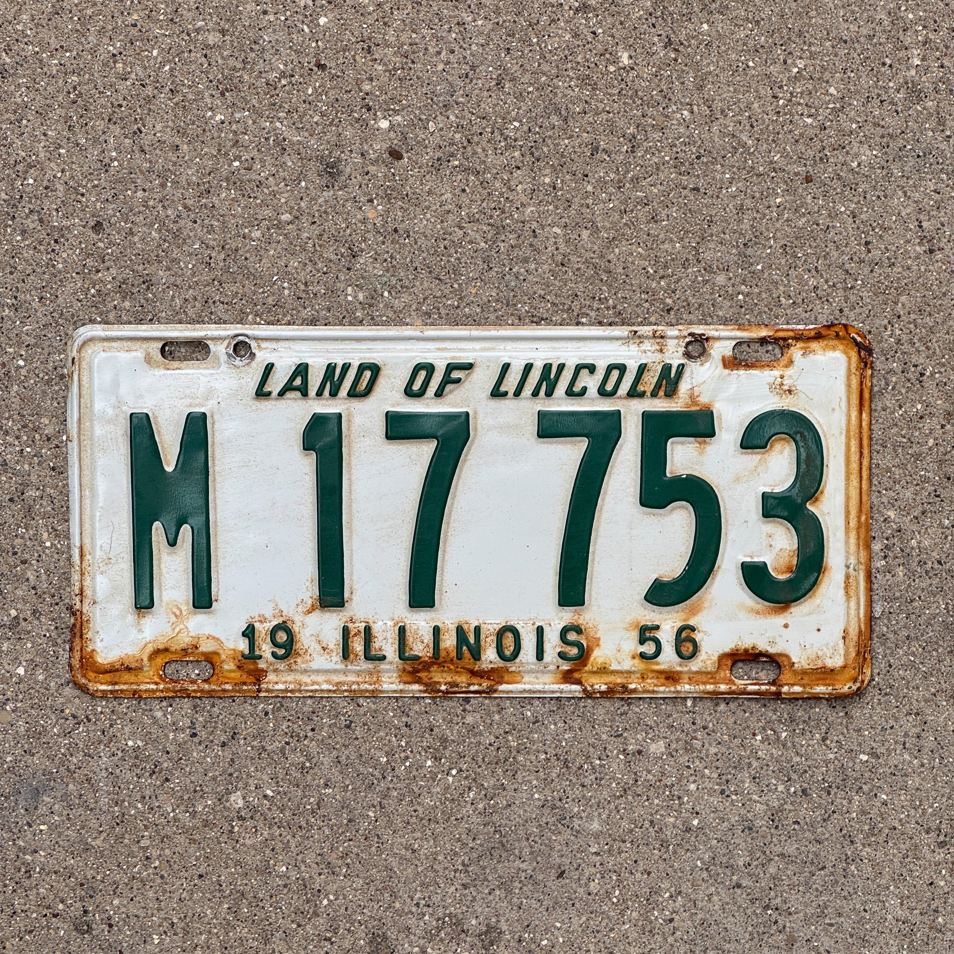 Photo of a 1956 Illinois Municipal License Plate Auto Tag 2 Vintage Garage M 17 753 with original patina