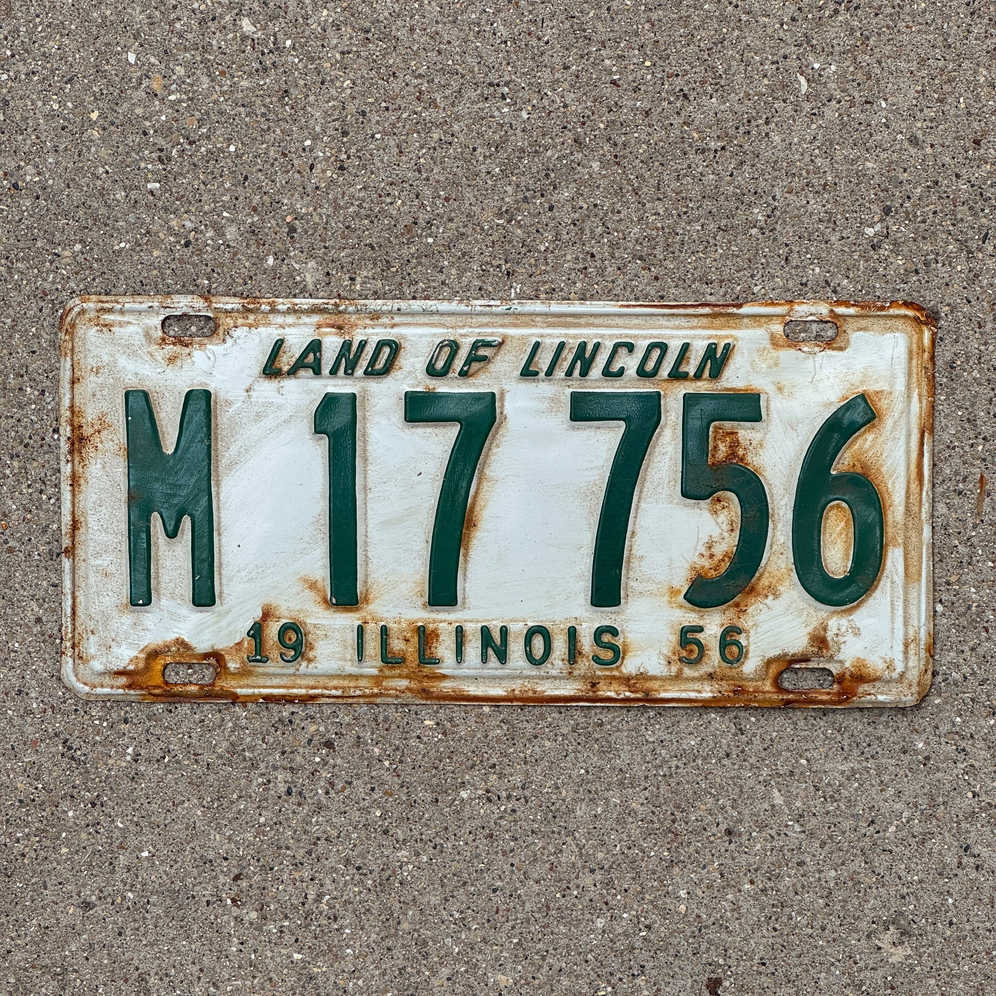 Photo of a 1956 Illinois Municipal License Plate Auto Tag 2 Vintage Garage M 17 756 with original patina
