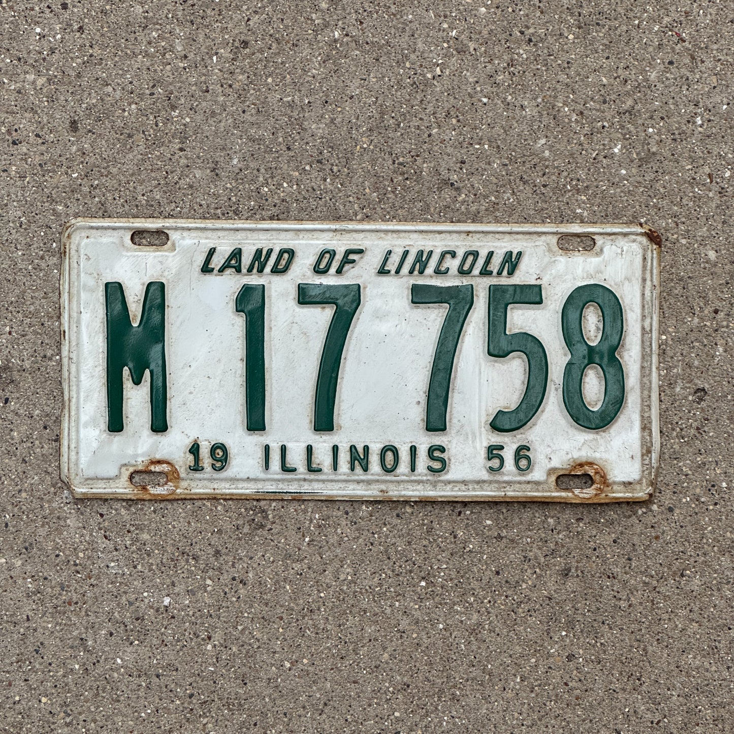 Photo of a 1956 Illinois Municipal License Plate Auto Tag 2 Vintage Garage M 17 758 with original patina