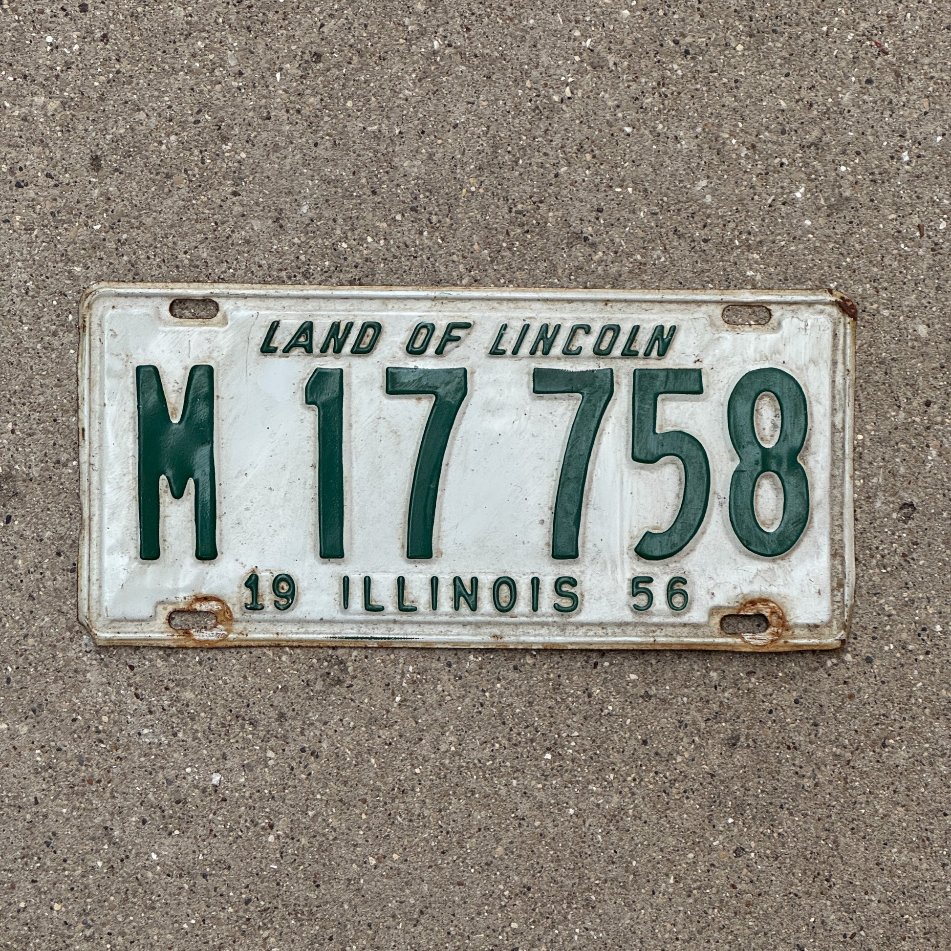 Photo of a 1956 Illinois Municipal License Plate Auto Tag 2 Vintage Garage M 17 758 with original patina