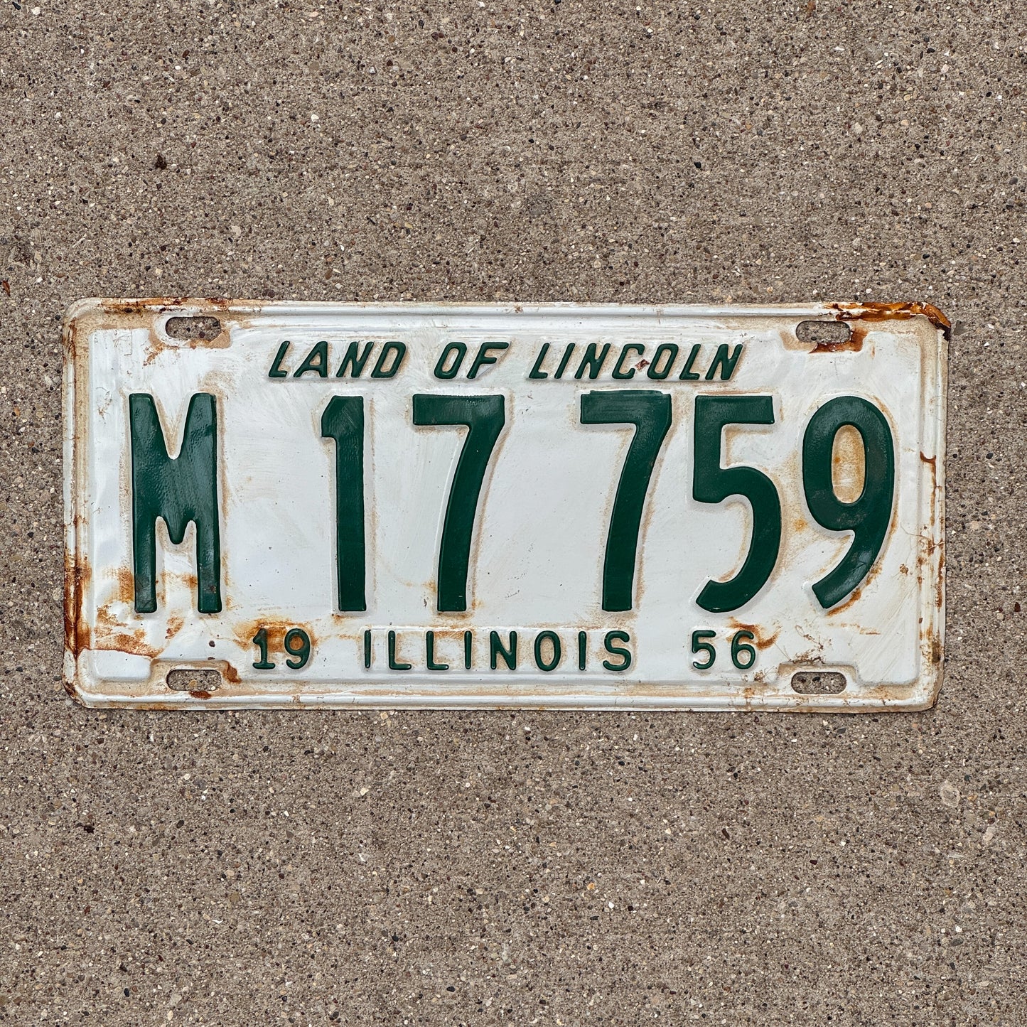 Photo of a 1956 Illinois Municipal License Plate Auto Tag 2 Vintage Garage M 17 759 with original patina