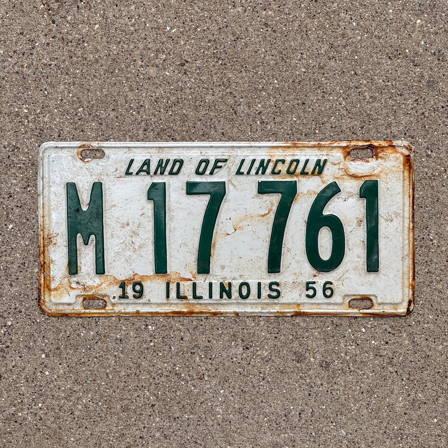 Photo of a 1956 Illinois Municipal License Plate Auto Tag 2 Vintage Garage M 17 761 with original patina