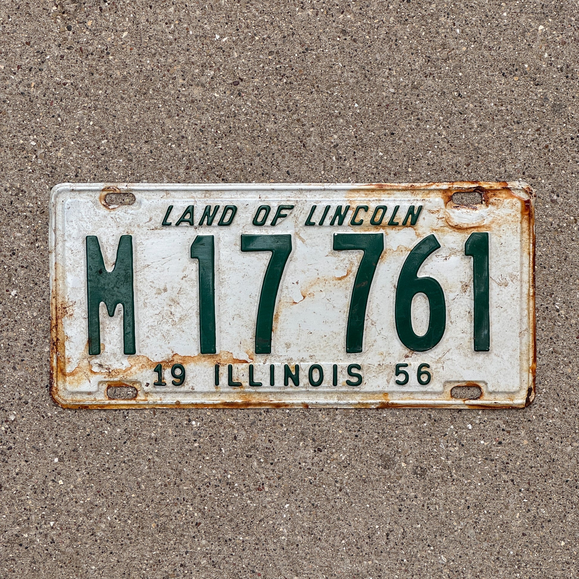 Photo of a 1956 Illinois Municipal License Plate Auto Tag 2 Vintage Garage M 17 761 with original patina