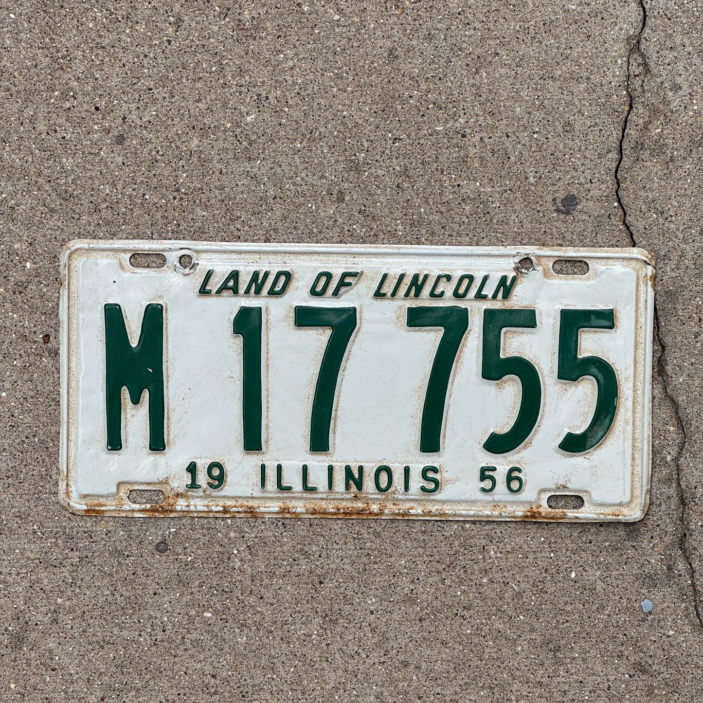 Photo of a 1956 Illinois Municipal License Plate Auto Tag Garage Decor Vintage M 17 755 with original patina