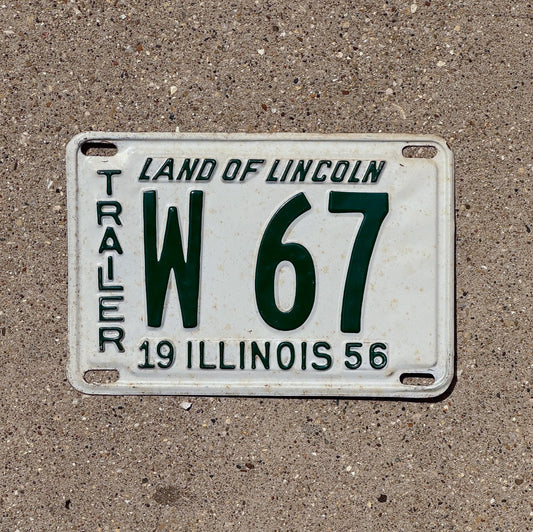 Photo of a 1956 Illinois Trailer License Plate Auto Tag Garage Decor Vintage Low Number Two Digit W 67 with original patina