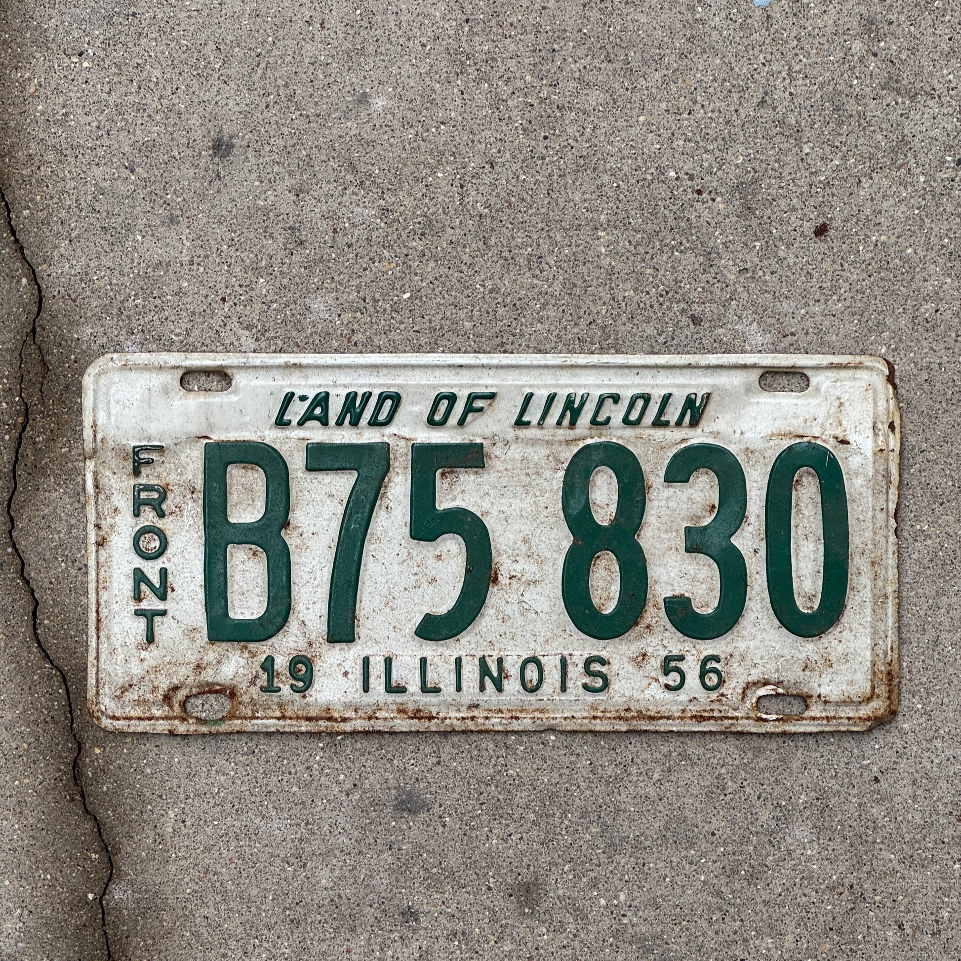 Photo of a 1956 Illinois Truck License Plate Auto Tag 2 Vintage Garage Front Plate B 75 830 with original patina