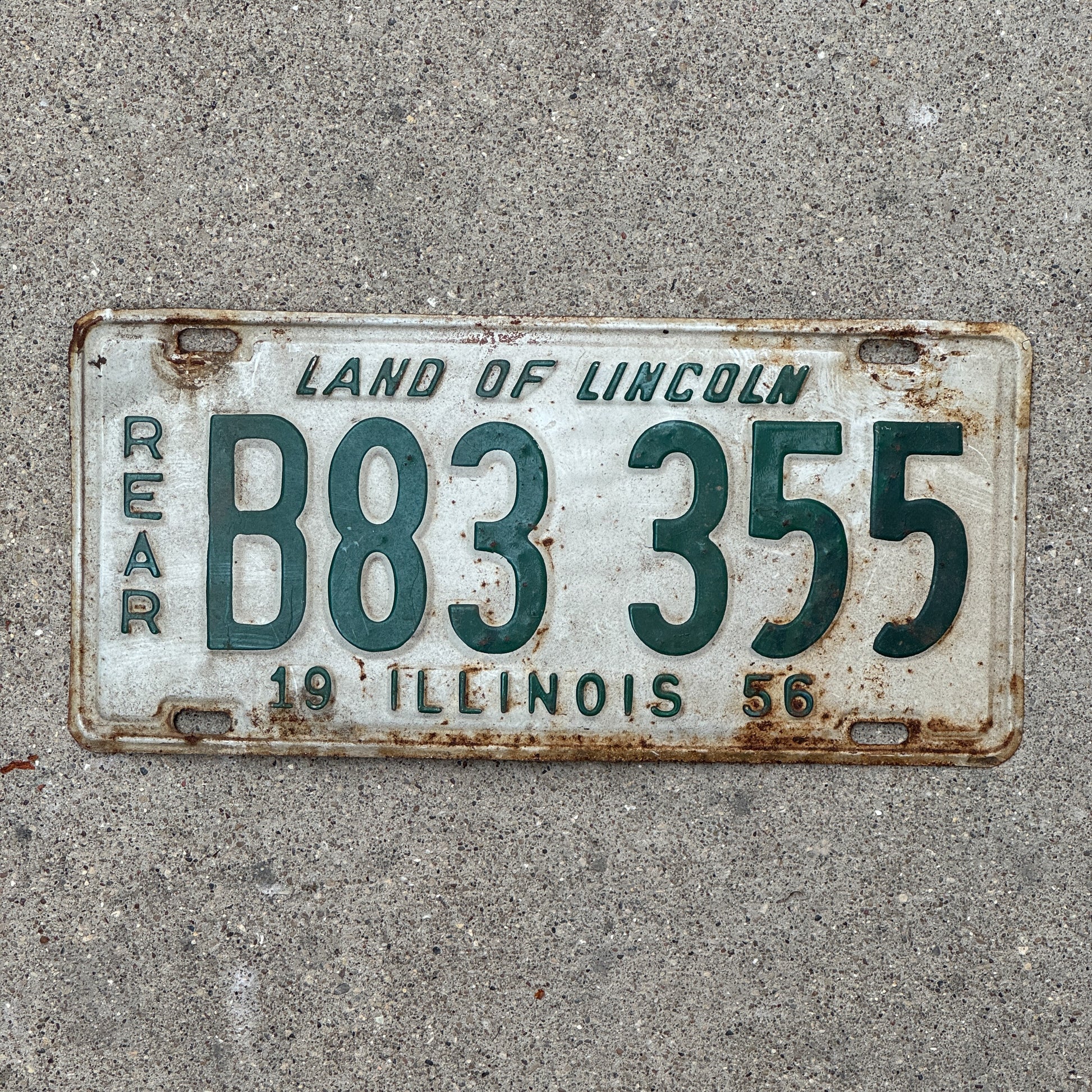 Photo of a 1956 Illinois Truck License Plate Auto Tag Garage Decor Vintage Rear Plate B 83 355 with original patina
