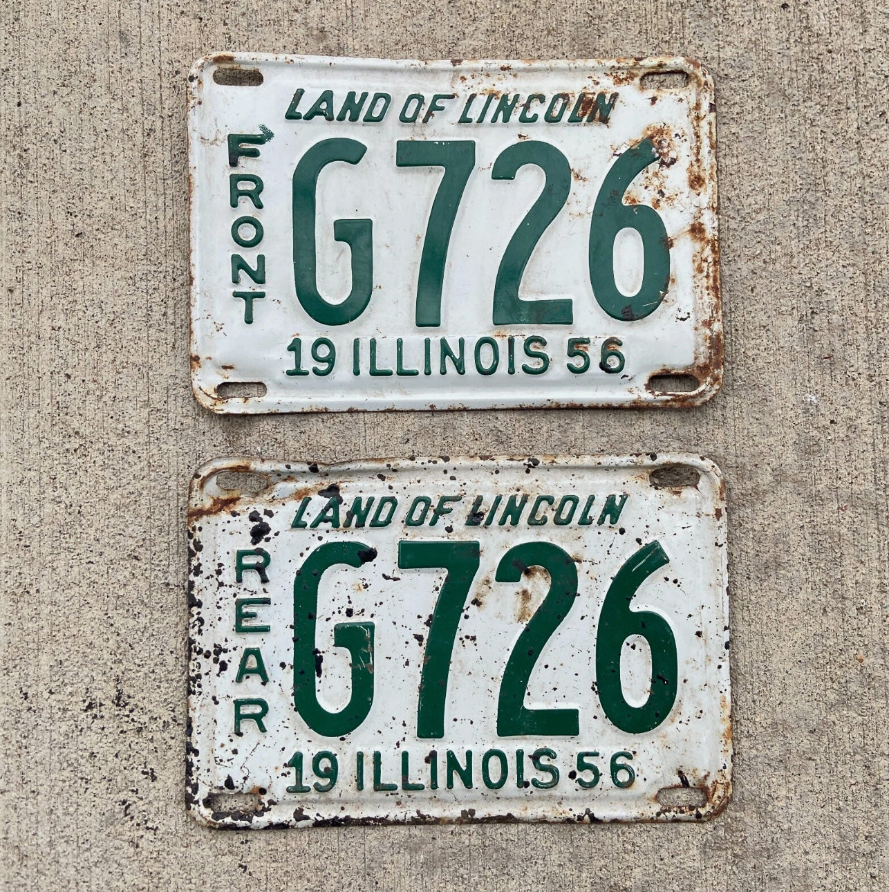 Photo of a 1956 Illinois Truck License Plate Pair Auto Tag Garage Decor Vintage G 726 with original patina