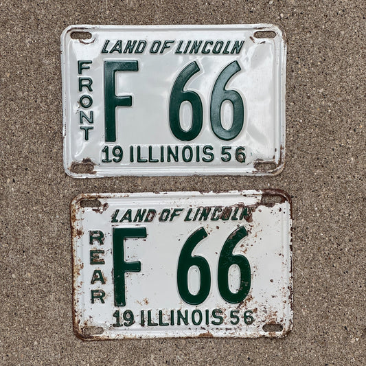 Photo of a 1956 Illinois Truck License Plate Pair Auto Tag Garage Decor Vintage Low Number Two Digit F 66 with original patina