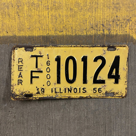 Photo of a 1956 Illinois Truck Mileage Tax License Plate Auto Tag Garage Decor Vintage Rear TF 10124 with original patina