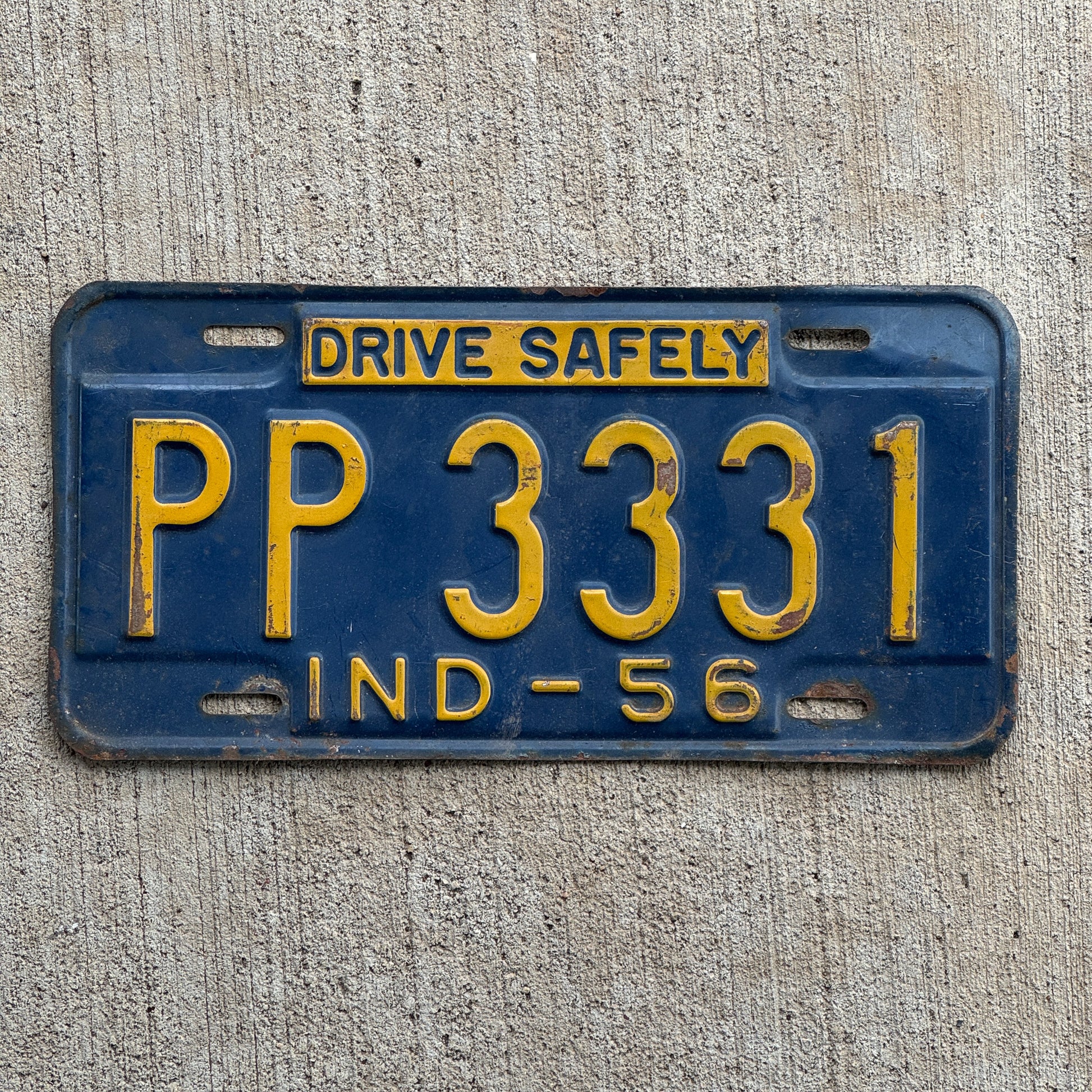 Photo of a 1956 Indiana License Plate Auto Tag Garage Decor Vintage Repeat Repeating PP 3331 with original patina
