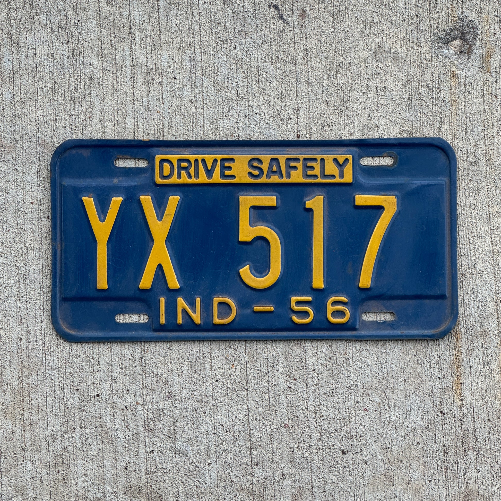 Photo of a 1956 Indiana License Plate Auto Tag Garage Decor Vintage YX 517 with original patina