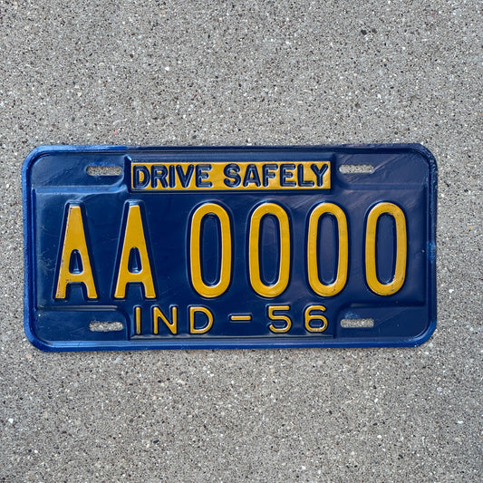 Photo of a 1956 Indiana Sample License Plate Auto Tag Garage Decor Vintage AA0000 with original patina