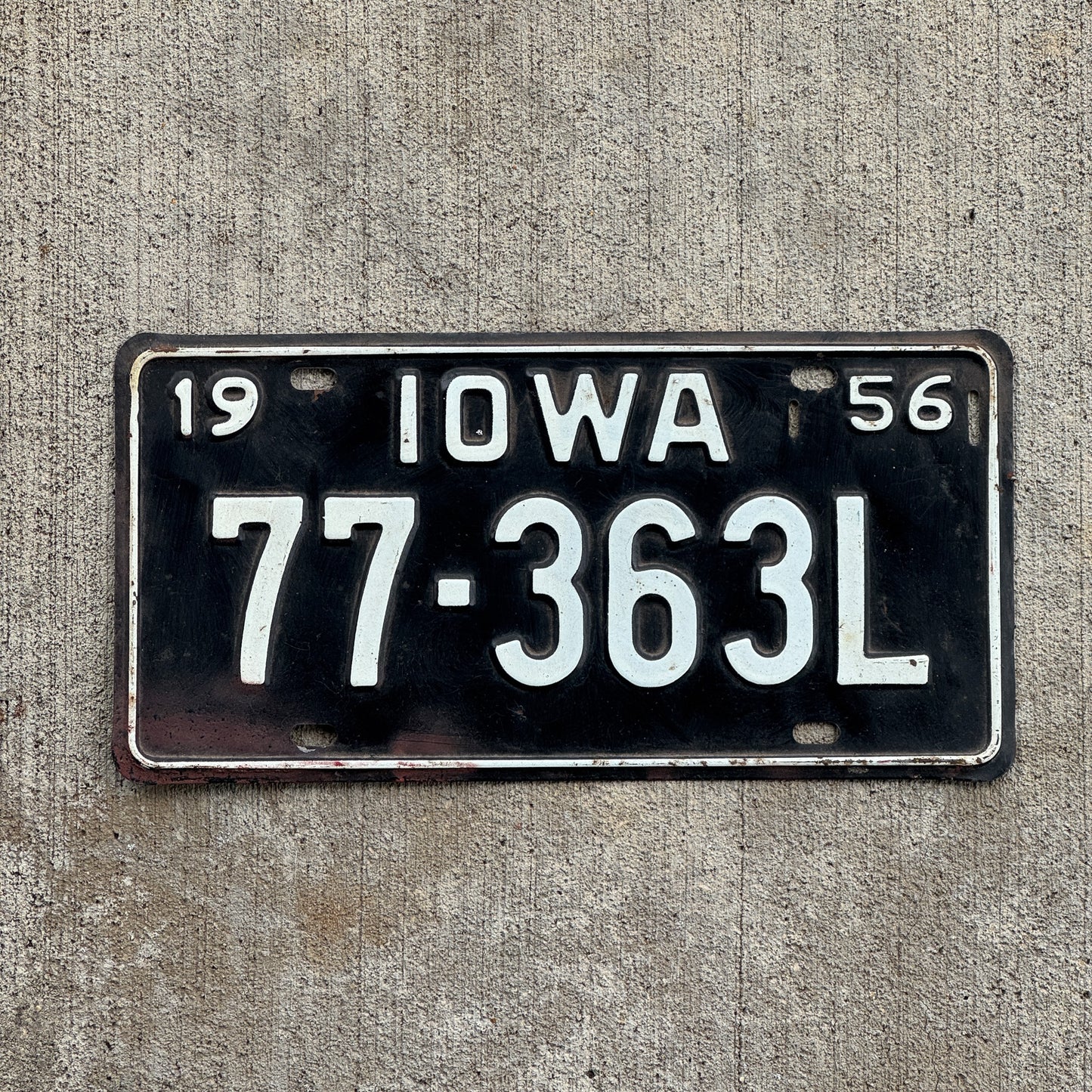 Photo of a 1956 Iowa License Plate Auto Tag Garage Decor Vintage Polk County 77 363L with original patina