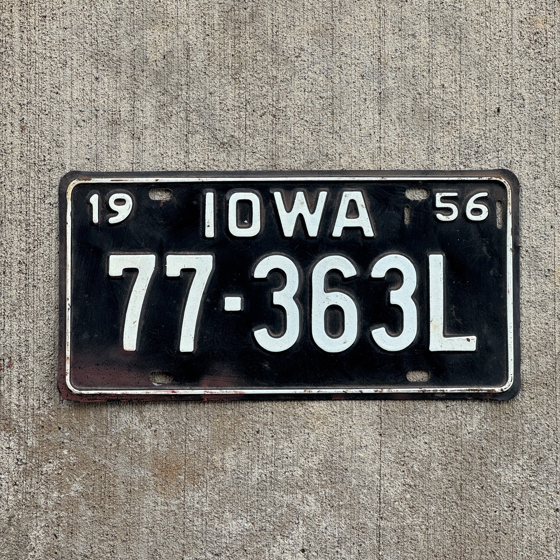 Photo of a 1956 Iowa License Plate Auto Tag Garage Decor Vintage Polk County 77 363L with original patina