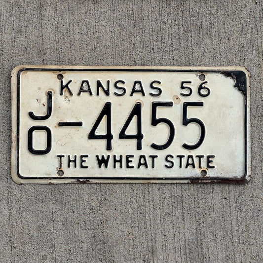 Photo of a 1956 Kansas License Plate Auto Tag Garage Decor Vintage JO 4455 with original patina