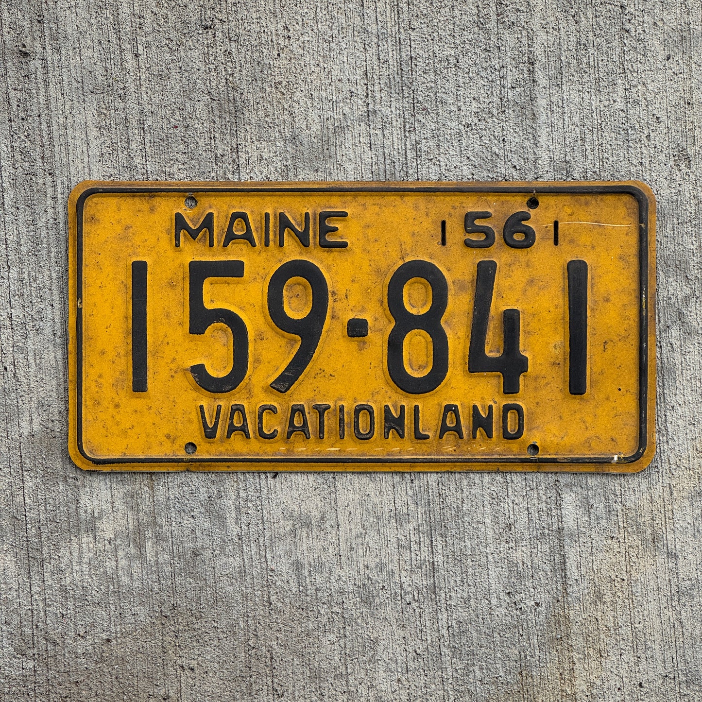 Photo of a 1956 Maine License Plate Auto Tag Garage Decor Vintage 159 841 with original patina