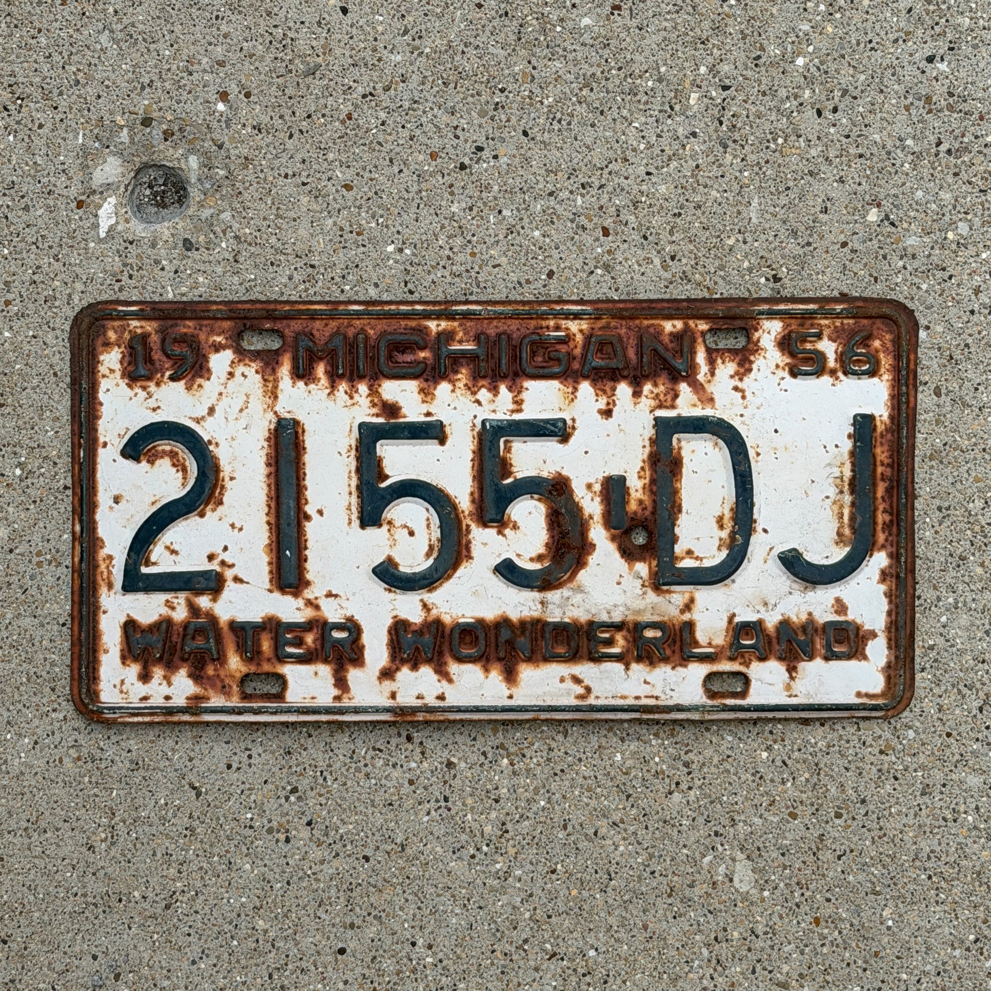 Photo of a 1956 Michigan Commercial License Plate Auto Tag Garage Decor Vintage 2155 DJ with original patina