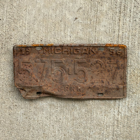 Photo of a 1956 Michigan Farm License Plate Auto Tag Garage Decor Vintage 575 527 with original patina